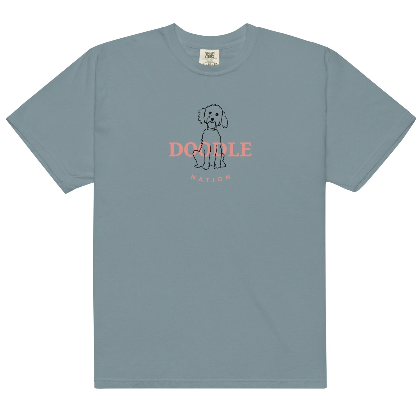 Goldendoodle comfort colors t-shirt with Goldendoodle and words "Doodle Nation" in ice blue color