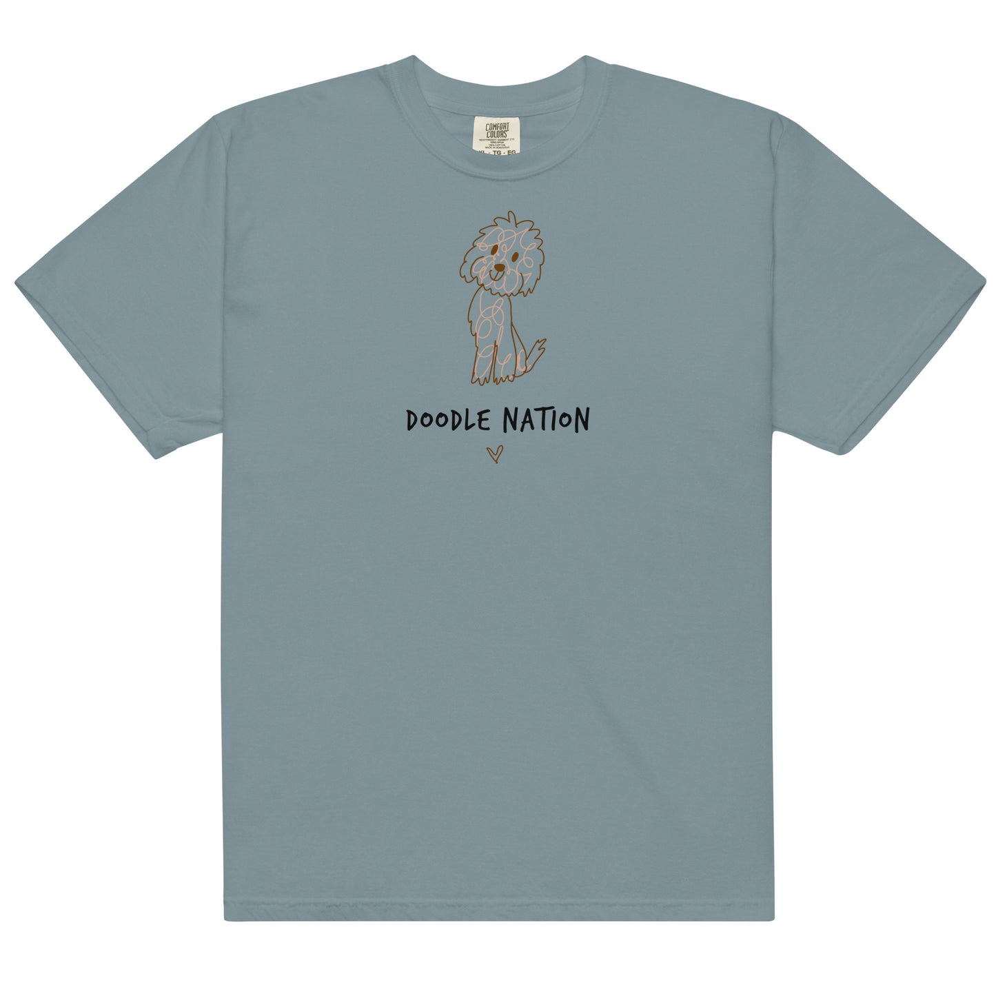 Ice blue comfort color t-shirt with hand drawn dog design and saying Doodle Nation