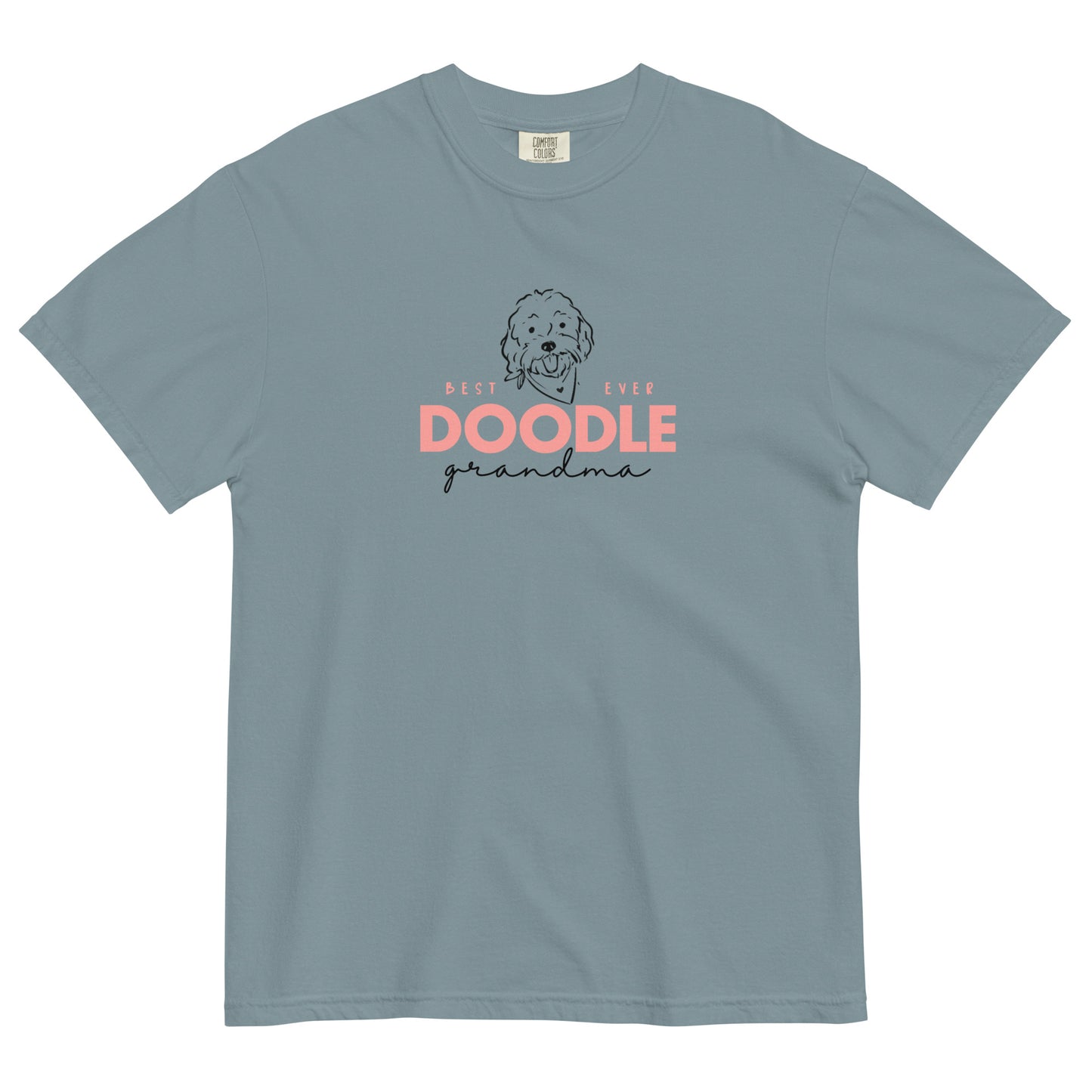 Goldendoodle Grandma T-shirt says, Best EVER DOODLE Grandma" printed in soft pink and black colors with a cute Golden Doodle dog's face printed on the front of a cozy T-Shirt. The tag inside the Goldendoodle Grandma T-shirt says Comfort Colors