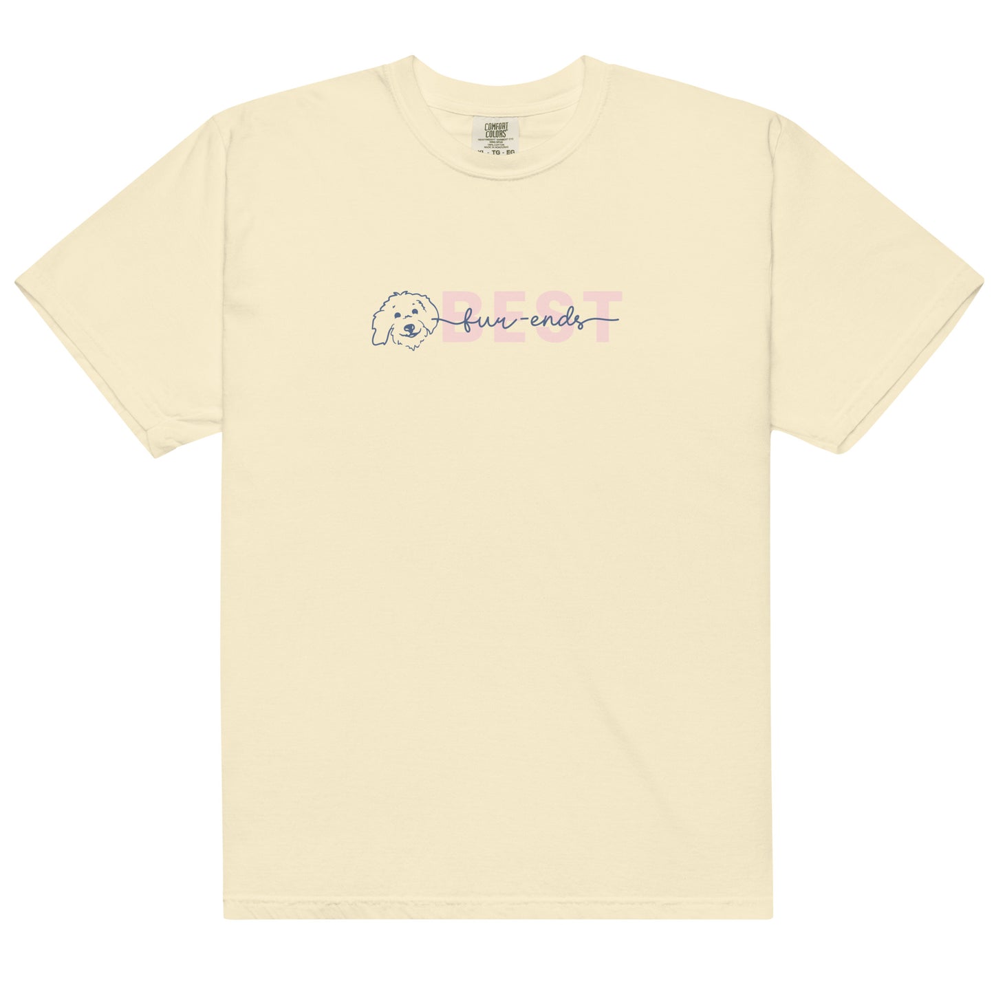 Goldendoodle t-shirt comfort colors with Goldendoodle face and words "Best fur-Ends" in ivory color