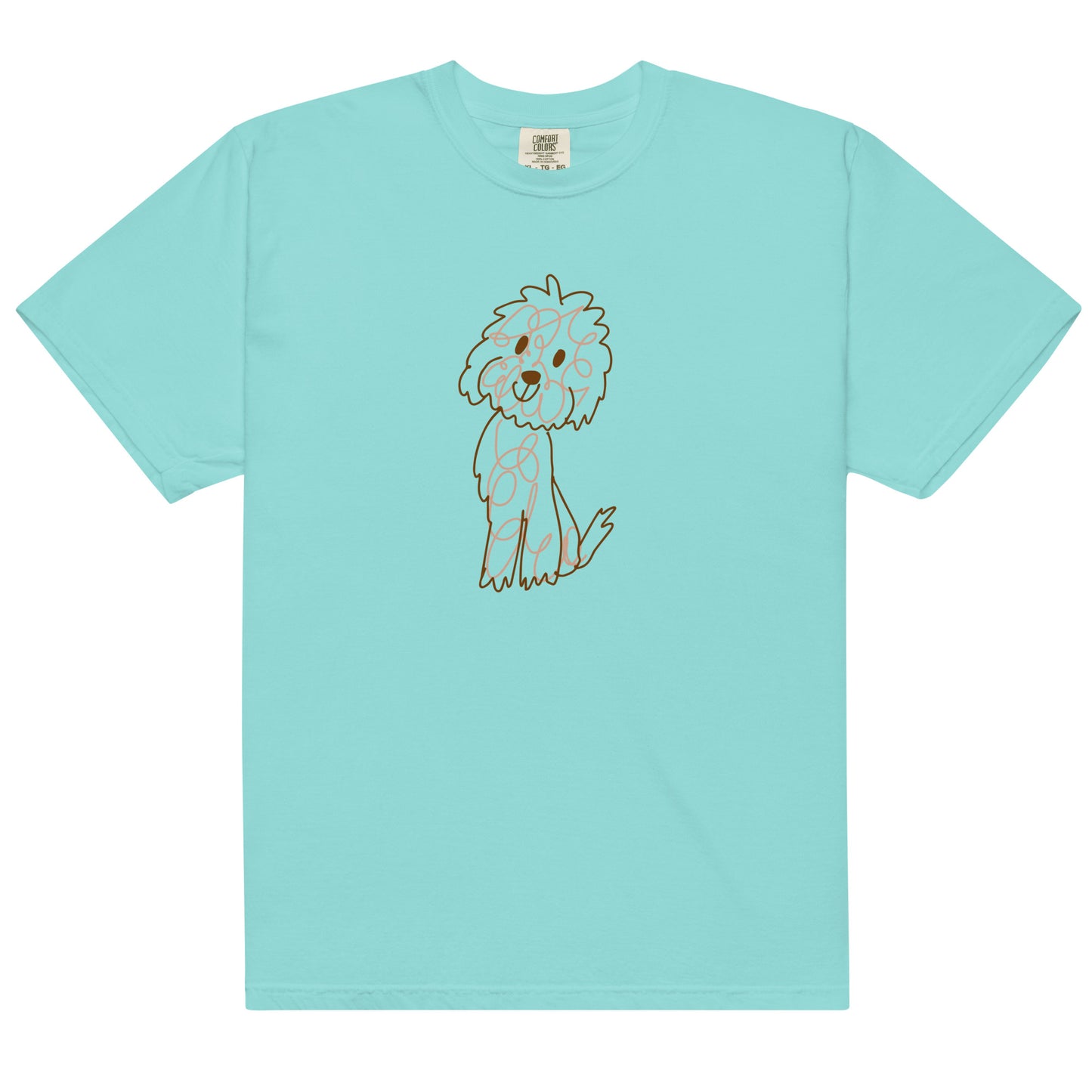Comfort colors t-shirt with doodle dog drawn on the front of the Doodle shirt with fine lines and the Doodle T shirt is lagoon blue color