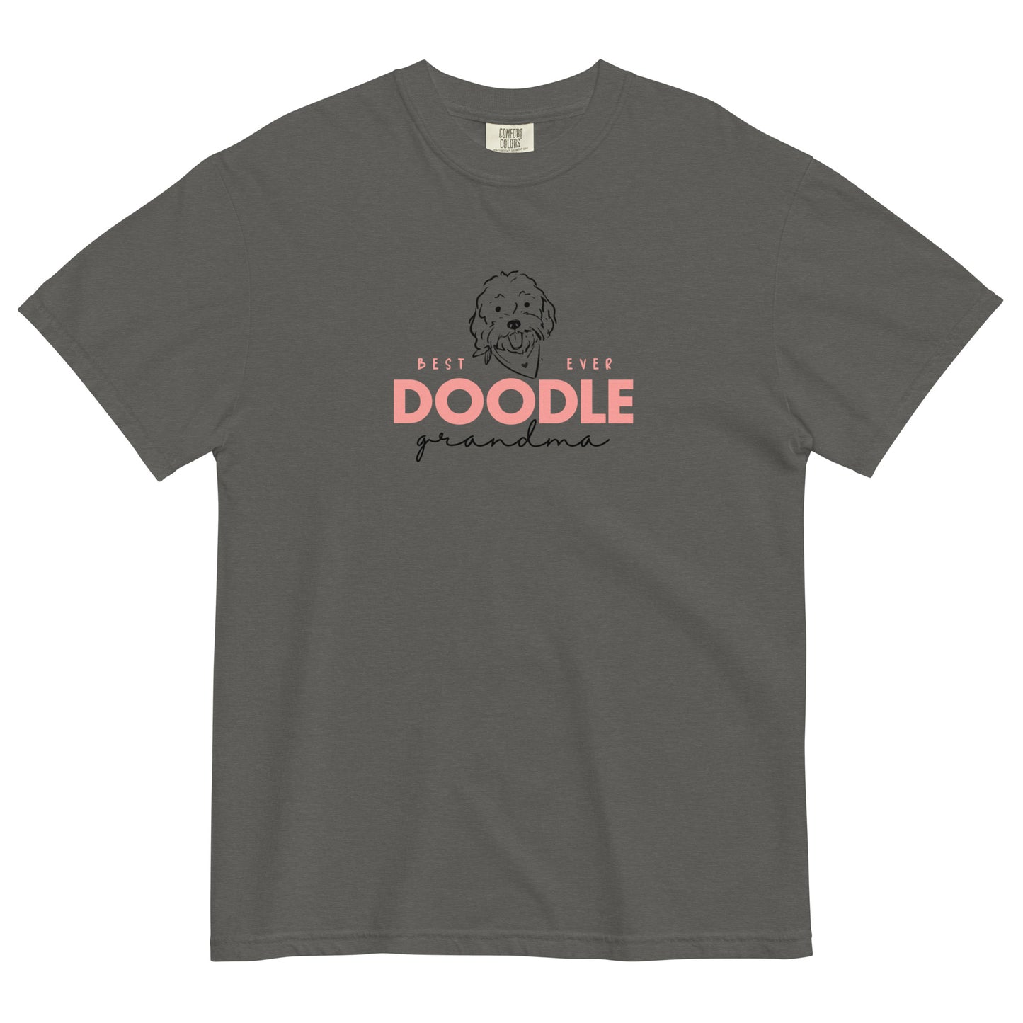 Best EVER DOODLE Grandma message printed in a soft pink and black colors with a cute Doodle dog's face printed on the front of a cozy T-Shirt. The tag inside the Goldendoodle Grandma T-shirt says Comfort Colors