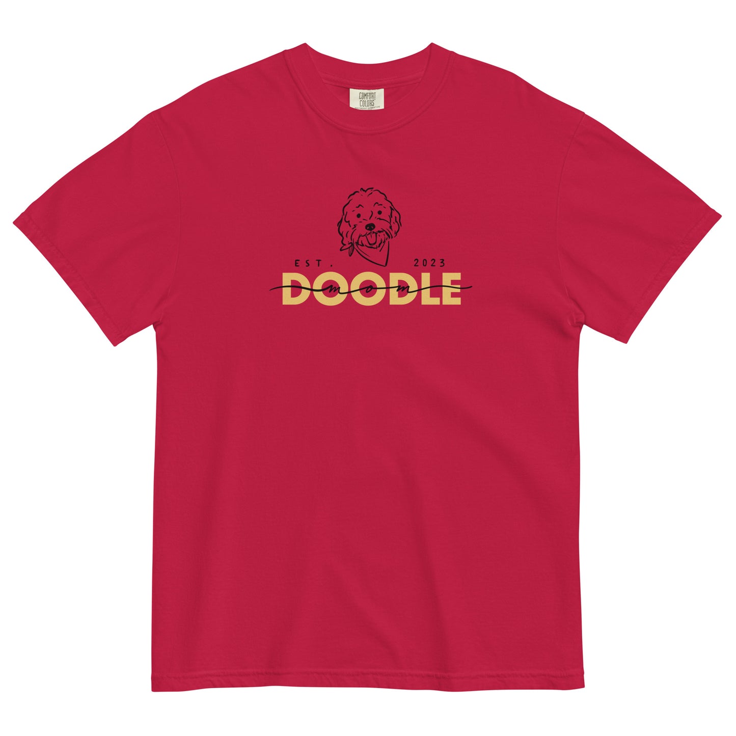 Goldendoodle Mom comfort colors t-shirt with Goldendoodle face and words "Doodle Mom Est 2023" in red color