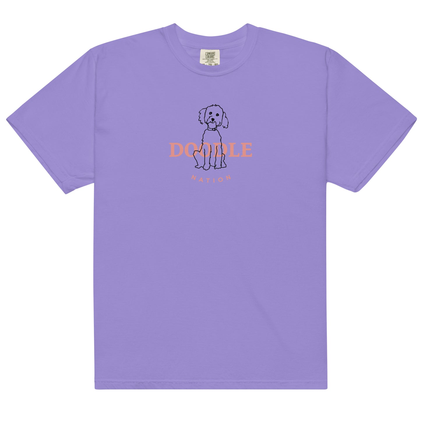 Goldendoodle comfort colors t-shirt with Goldendoodle and words "Doodle Nation" in violet color