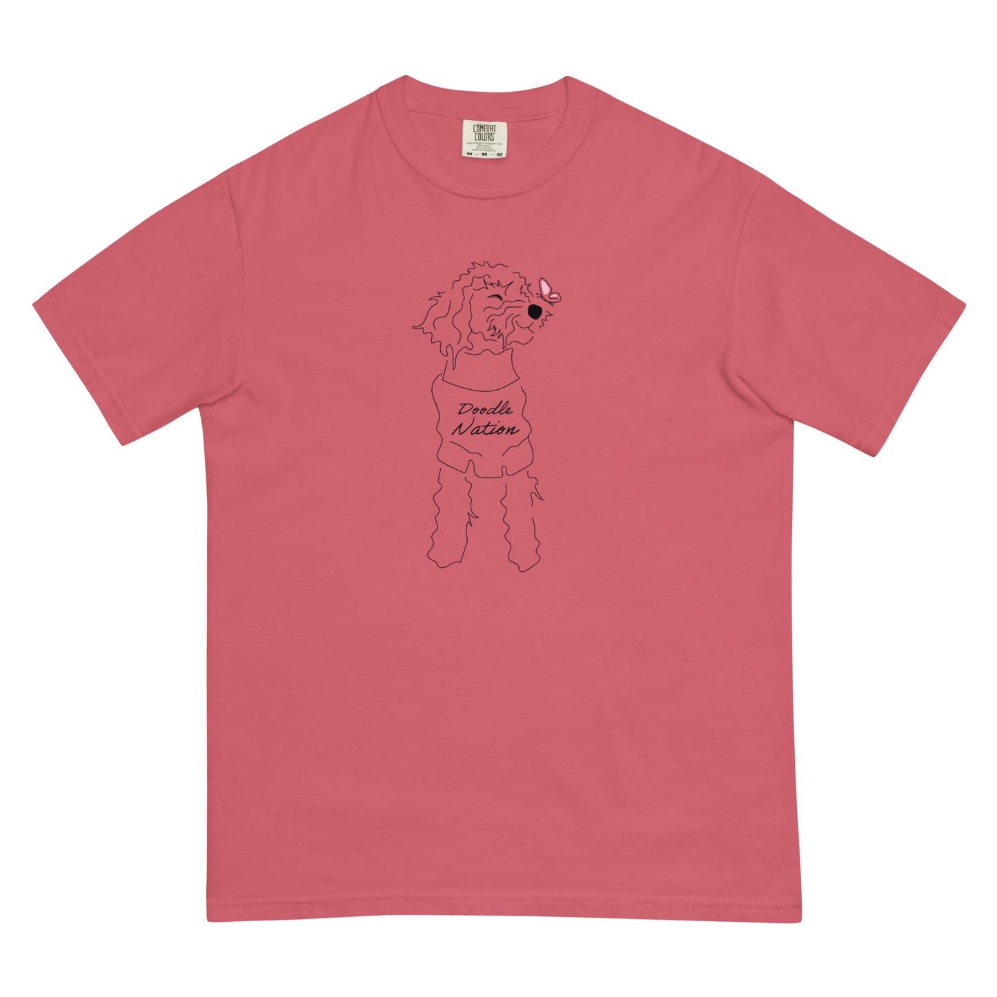 Goldendoodle comfort colors t-shirt with Goldendoodle dog and words "Doodle Nation" in crimson color