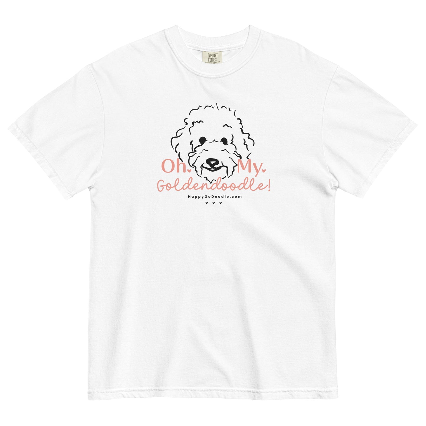 Goldendoodle comfort colors t-shirt with Goldendoodle dog face and words "Oh My Goldendoodle" in white color