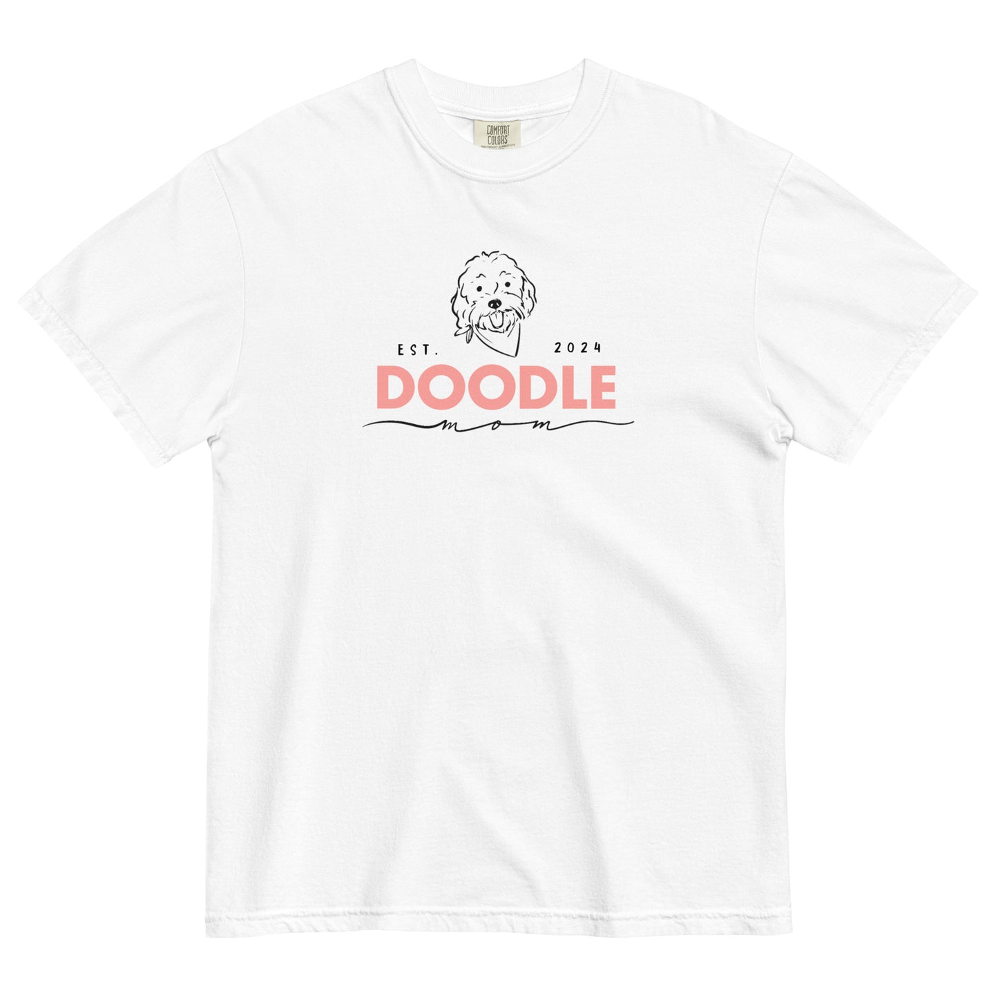 This white Doodle Mom T-shirt displays the message, "Doodle Mom Est. 2024" and a cute Goldendoodle dog's face printed on the front of a cozy T-Shirt. The tag inside the Doodle Mom shirt says Comfort Colors