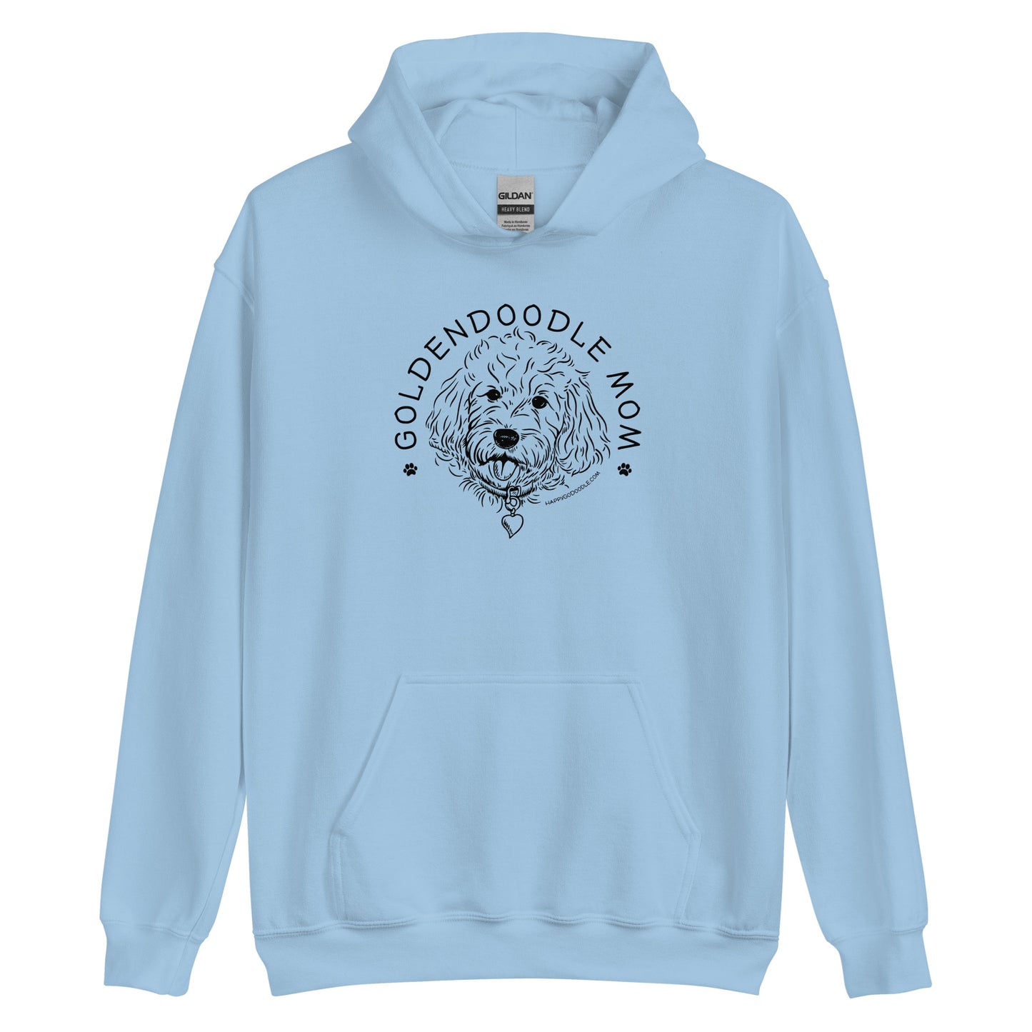 Goldendoodle hoodie with Goldendoodle face and words "Goldendoodle Mom" in light blue color
