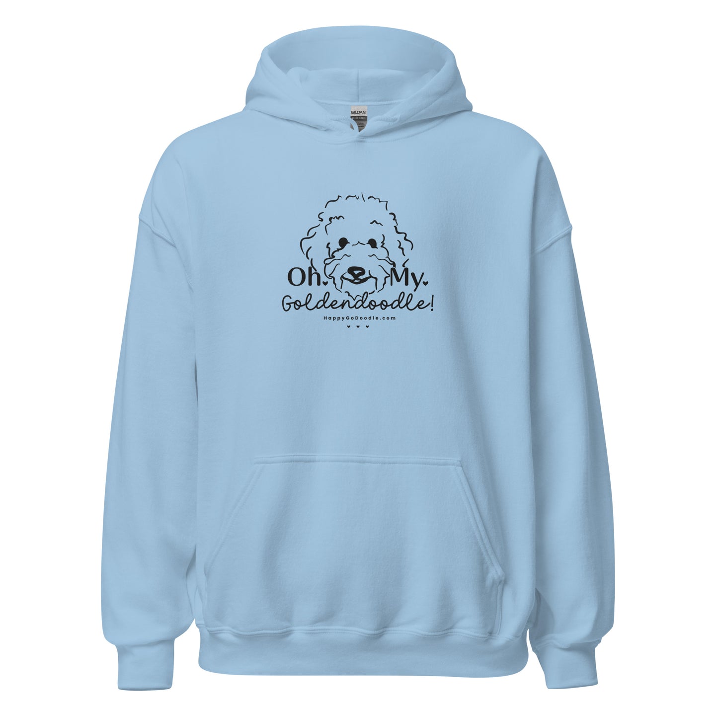 Goldendoodle hoodie with Goldendoodle face and words "Oh My Goldendoodle" in light blue color