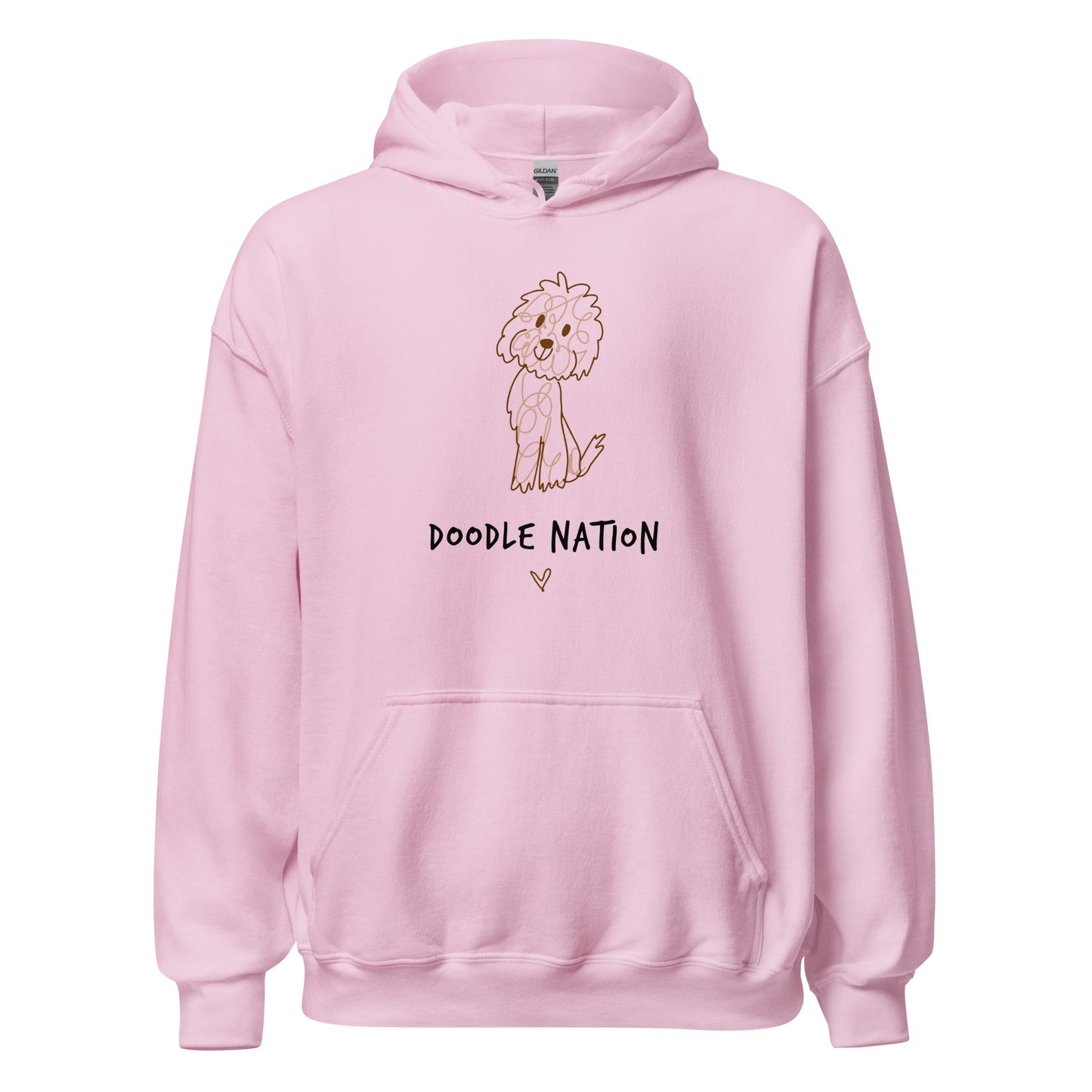 Light pink hoodie with hand drawn dog design and saying Doodle Nation