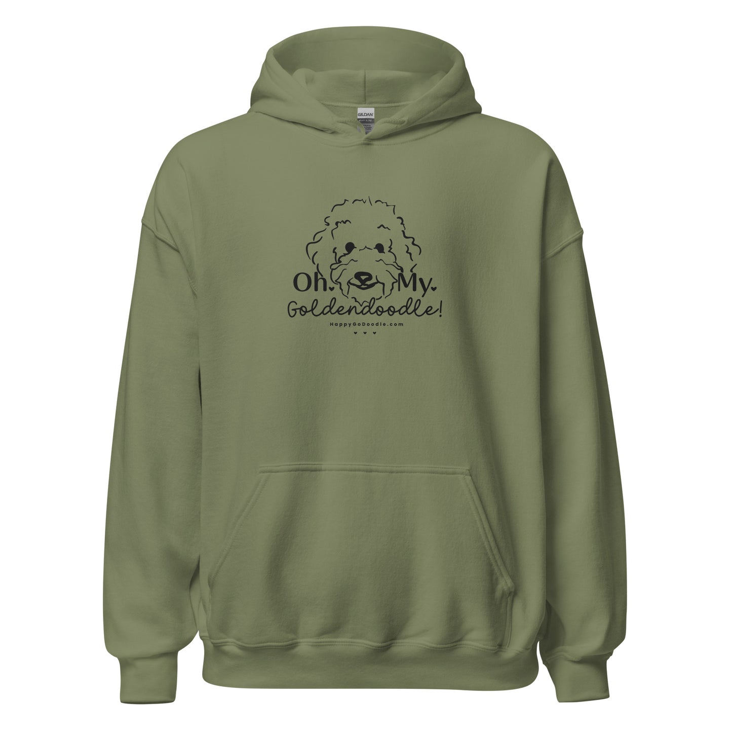 Goldendoodle hoodie with Goldendoodle face and words "Oh My Goldendoodle" in military green color