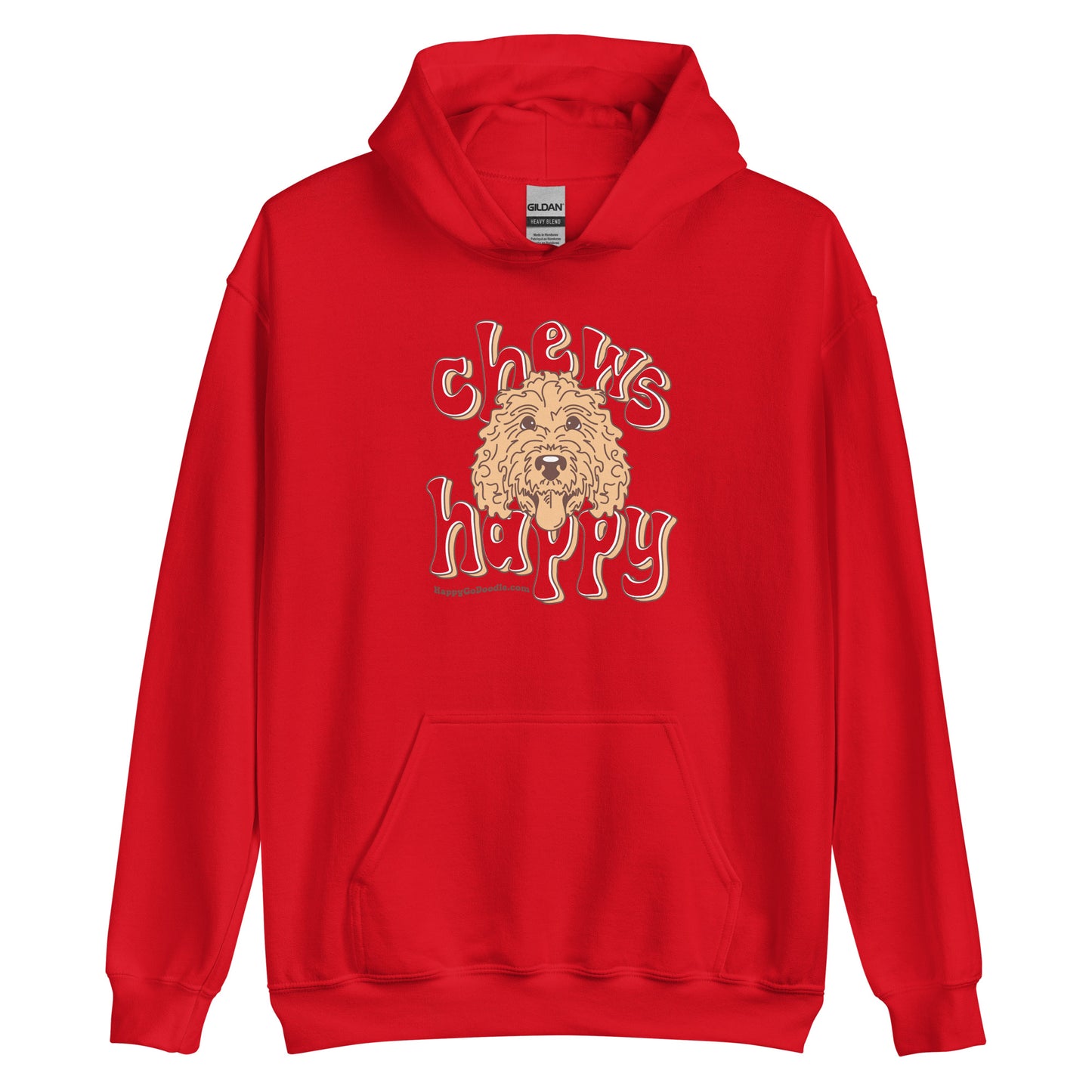 Goldendoodle hoodie with Goldendoodle face and words "Chews Happy" in red color