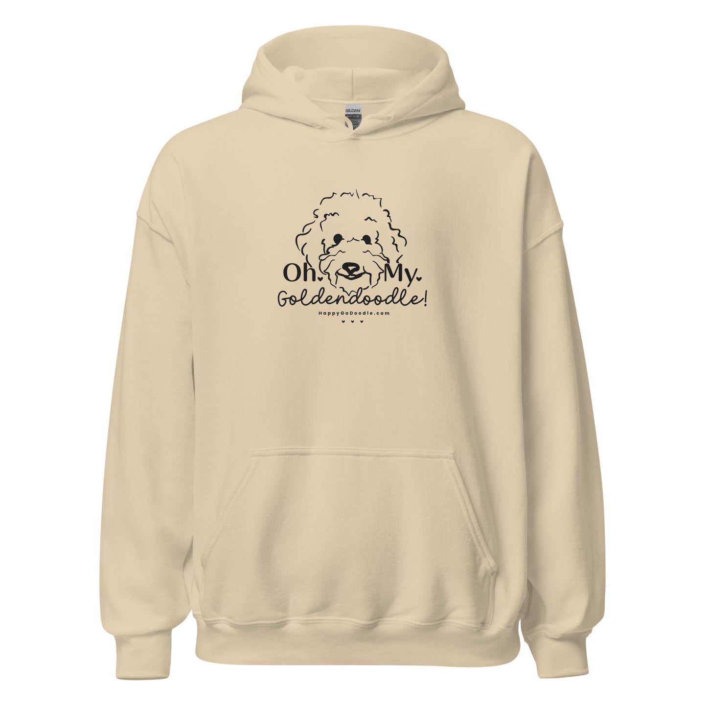 Goldendoodle hoodie with Goldendoodle face and words "Oh My Goldendoodle" in sand color