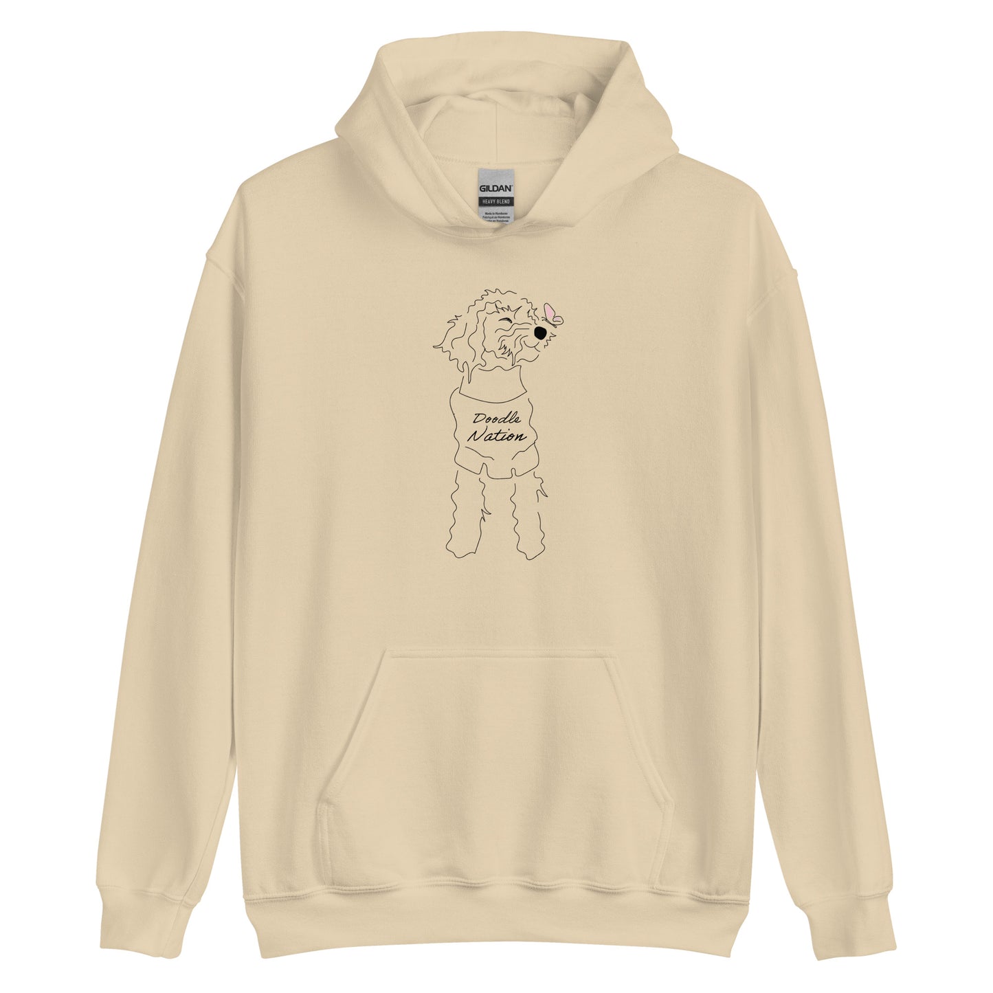Goldendoodle hoodie with Goldendoodle dog face and words "Doodle Nation" in sand color