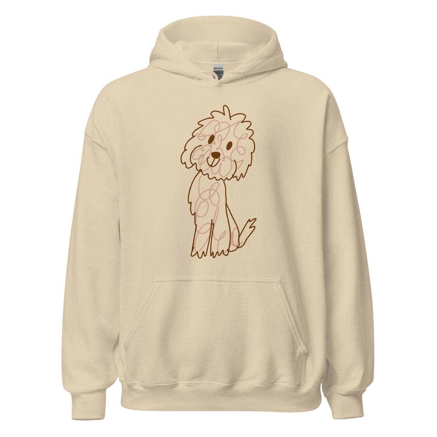 Hoodie with doodle dog drawn with fine lines sand color