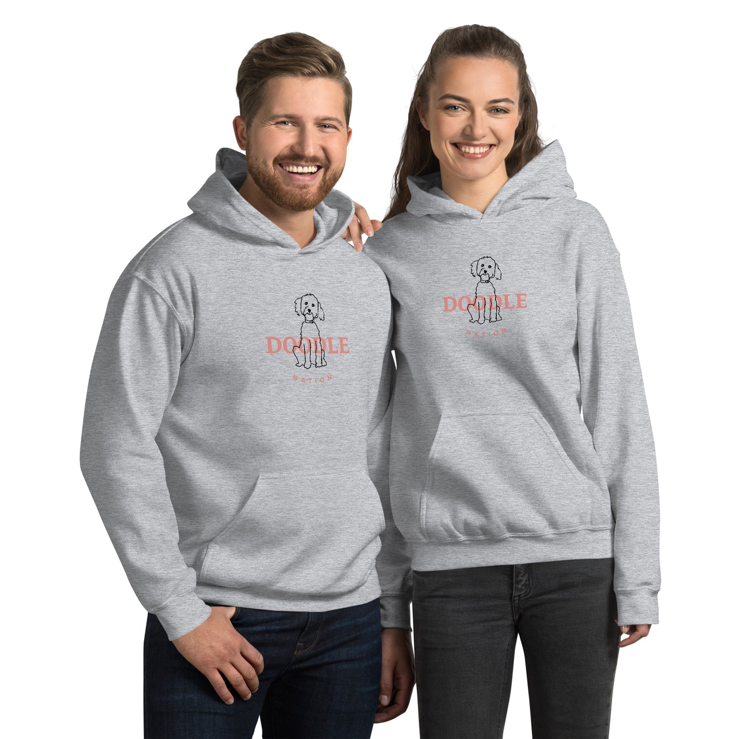 Goldendoodle hoodie with Goldendoodle and words "Doodle Nation" in sport grey color