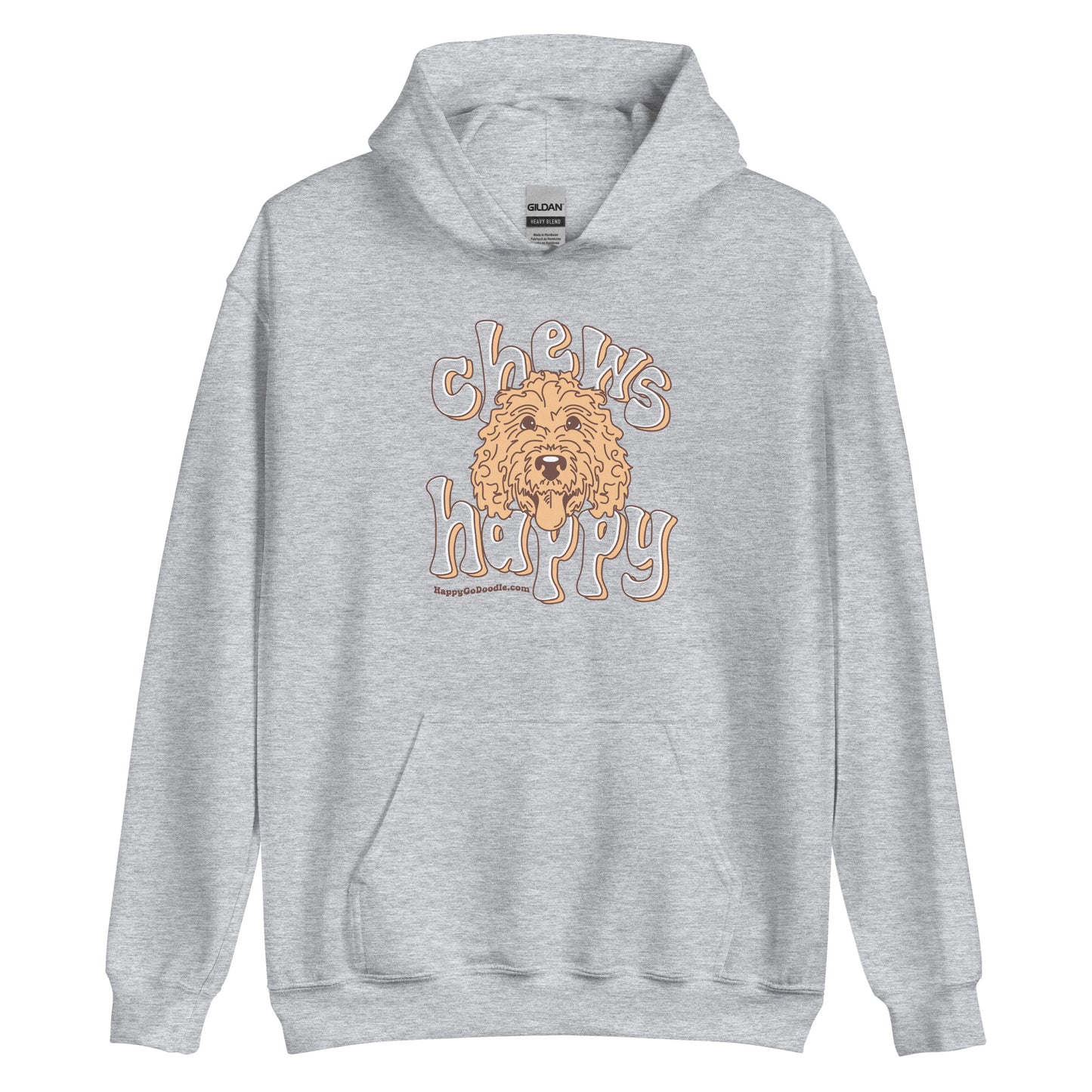 Goldendoodle hoodie with Goldendoodle face and words "Chews Happy" in sport grey color