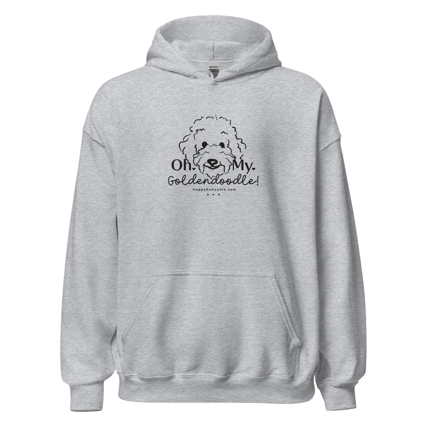 Goldendoodle hoodie with Goldendoodle face and words "Oh My Goldendoodle" in sport grey color