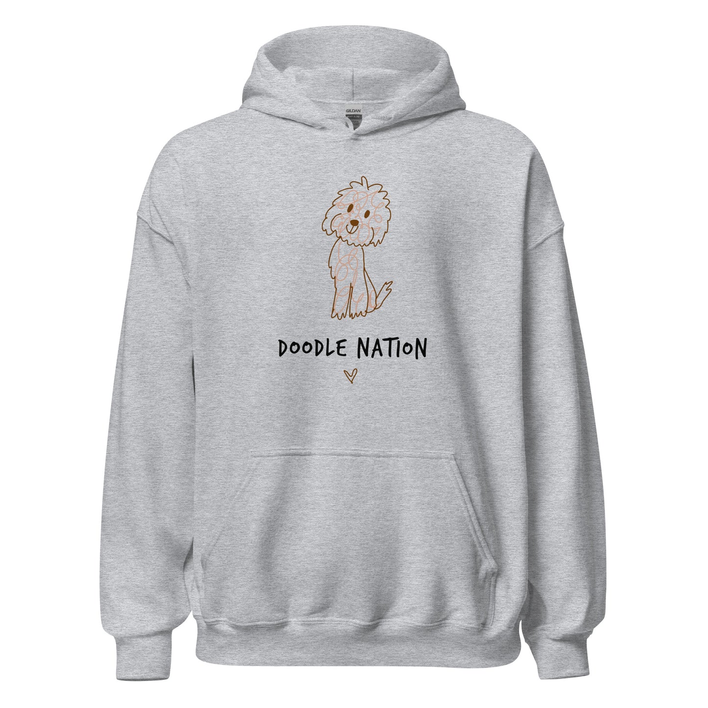 Grey hoodie with hand drawn dog design and saying Doodle Nation