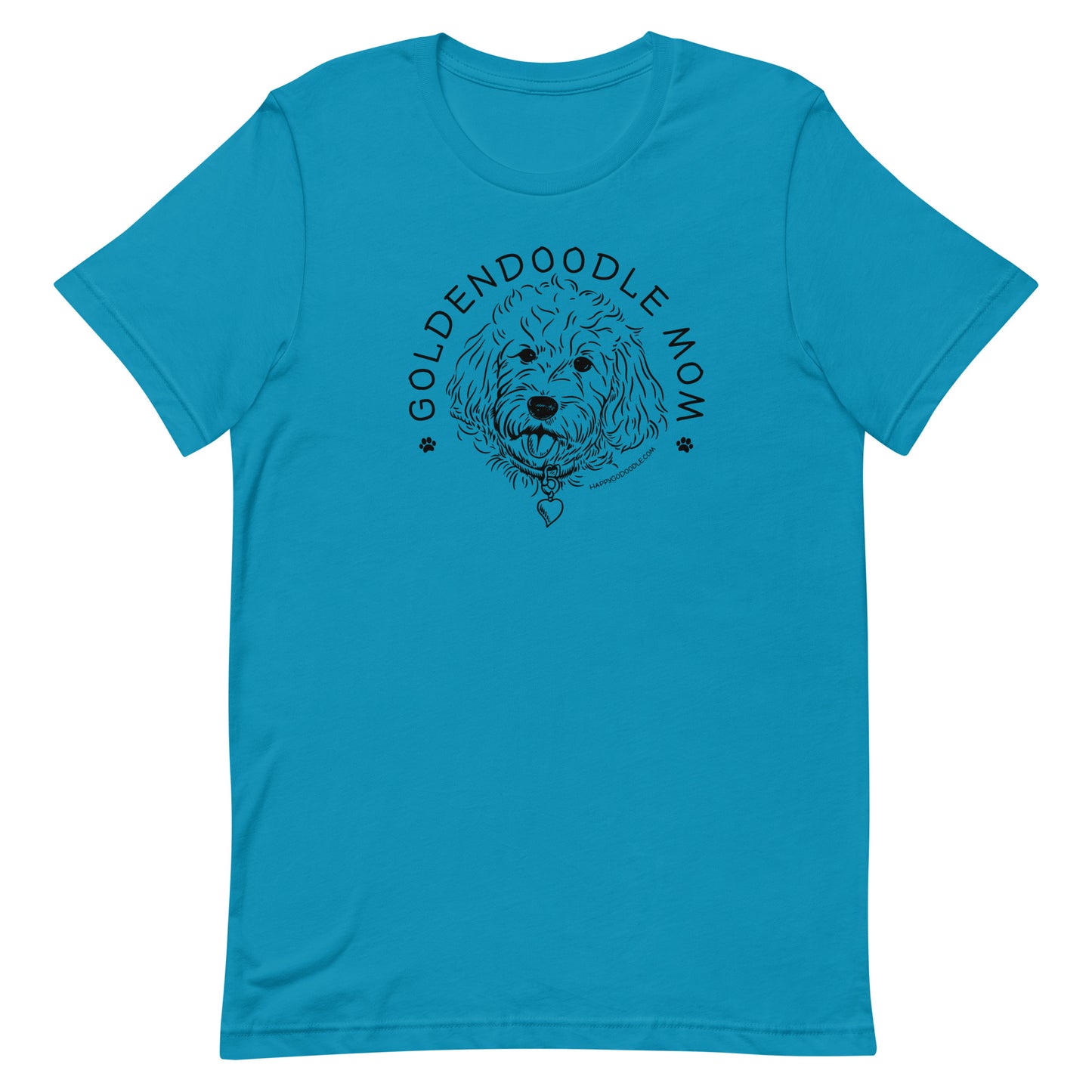 Goldendoodle Mom t-shirt with Goldendoodle face and words "Goldendoodle Mom" in aqua color