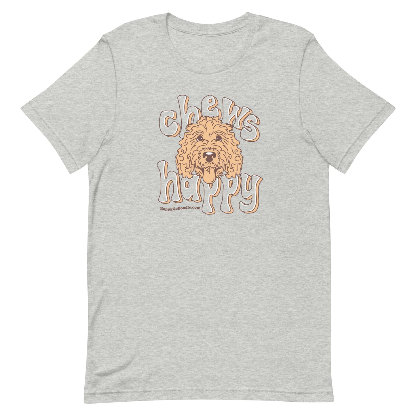 Goldendoodle crew neck sweatshirt with Goldendoodle face and words "Chews Happy" in athletic heather color