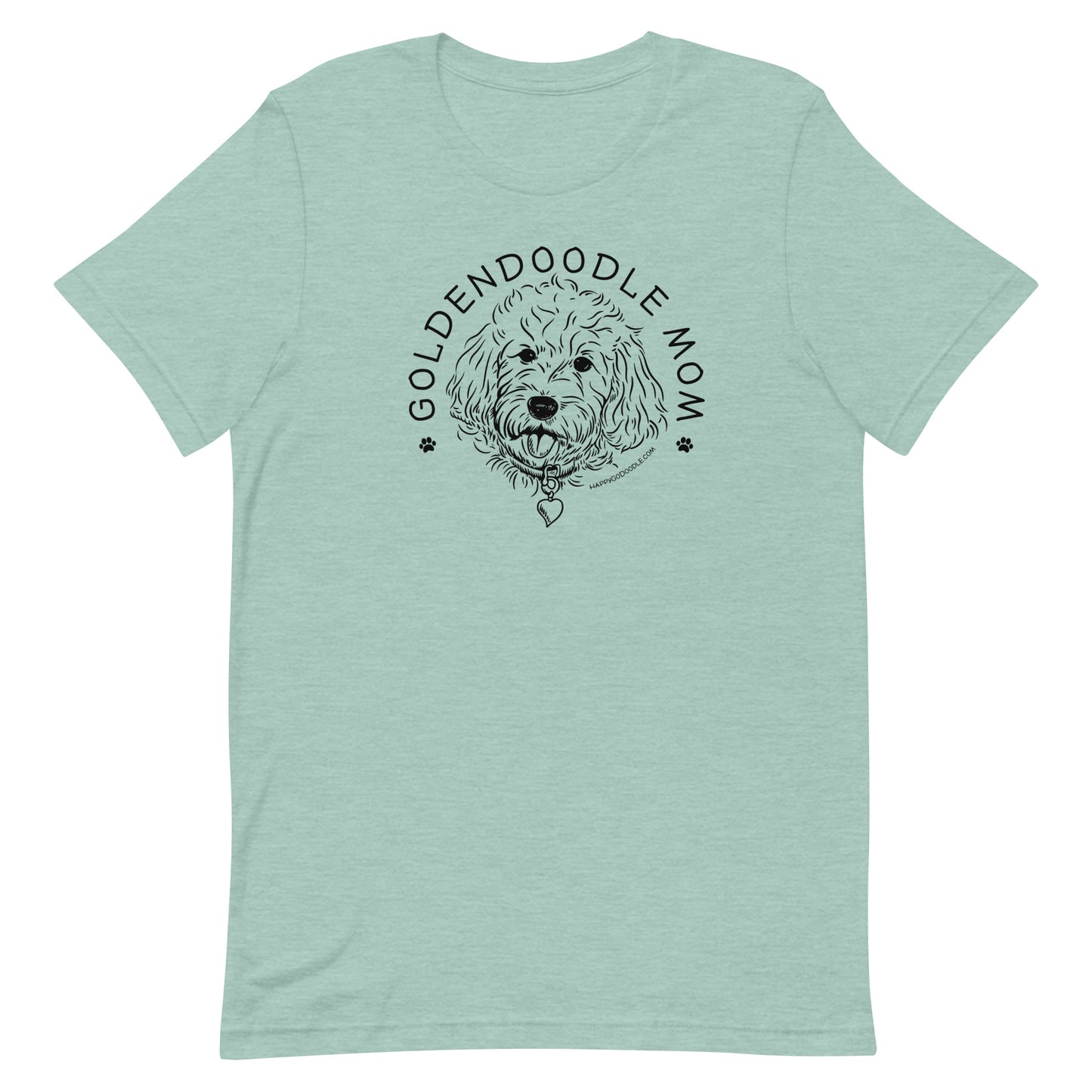 Goldendoodle Mom t-shirt with Goldendoodle face and words "Goldendoodle Mom" in heather prism dusty blue color