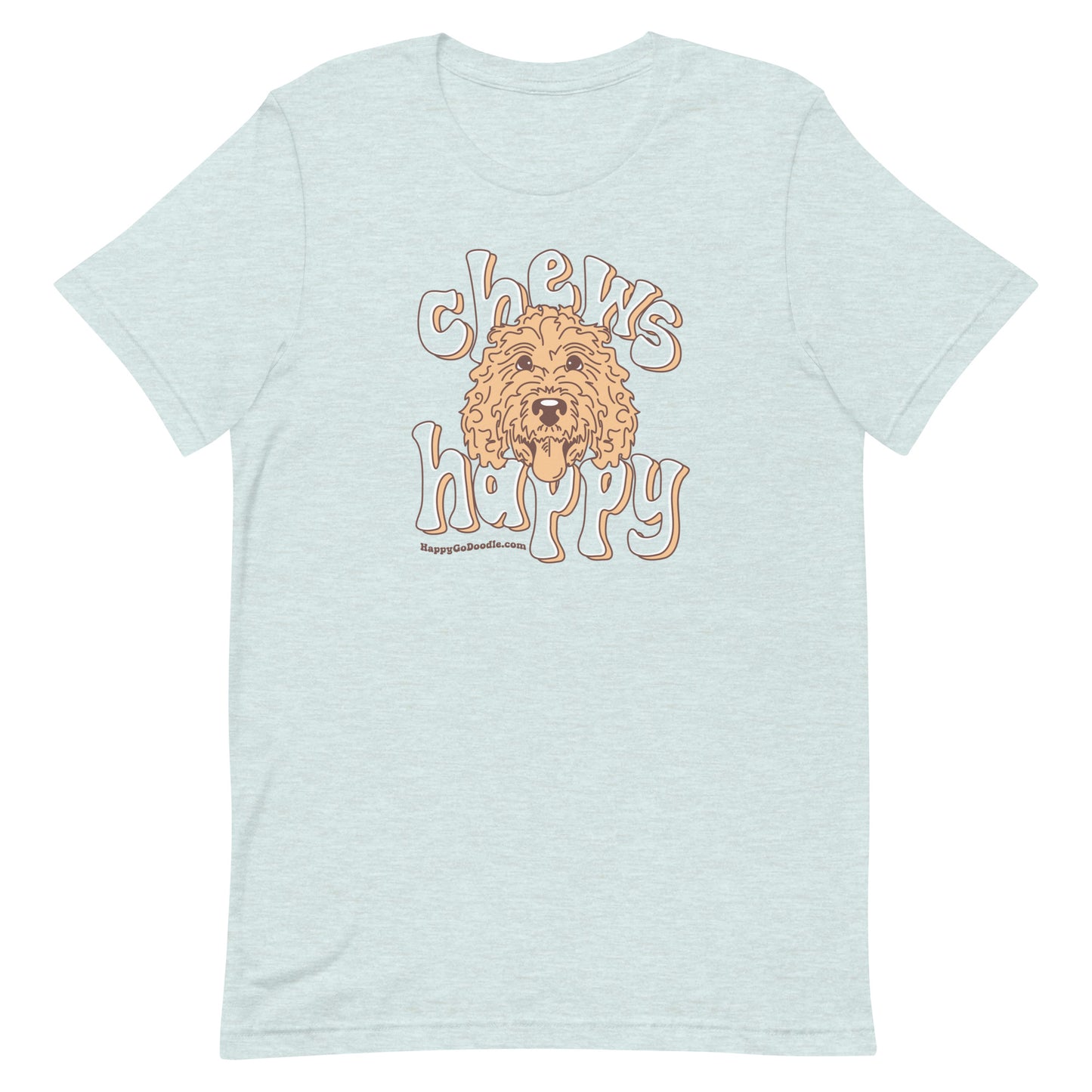 Goldendoodle crew neck sweatshirt with Goldendoodle face and words "Chews Happy" in ice blue color