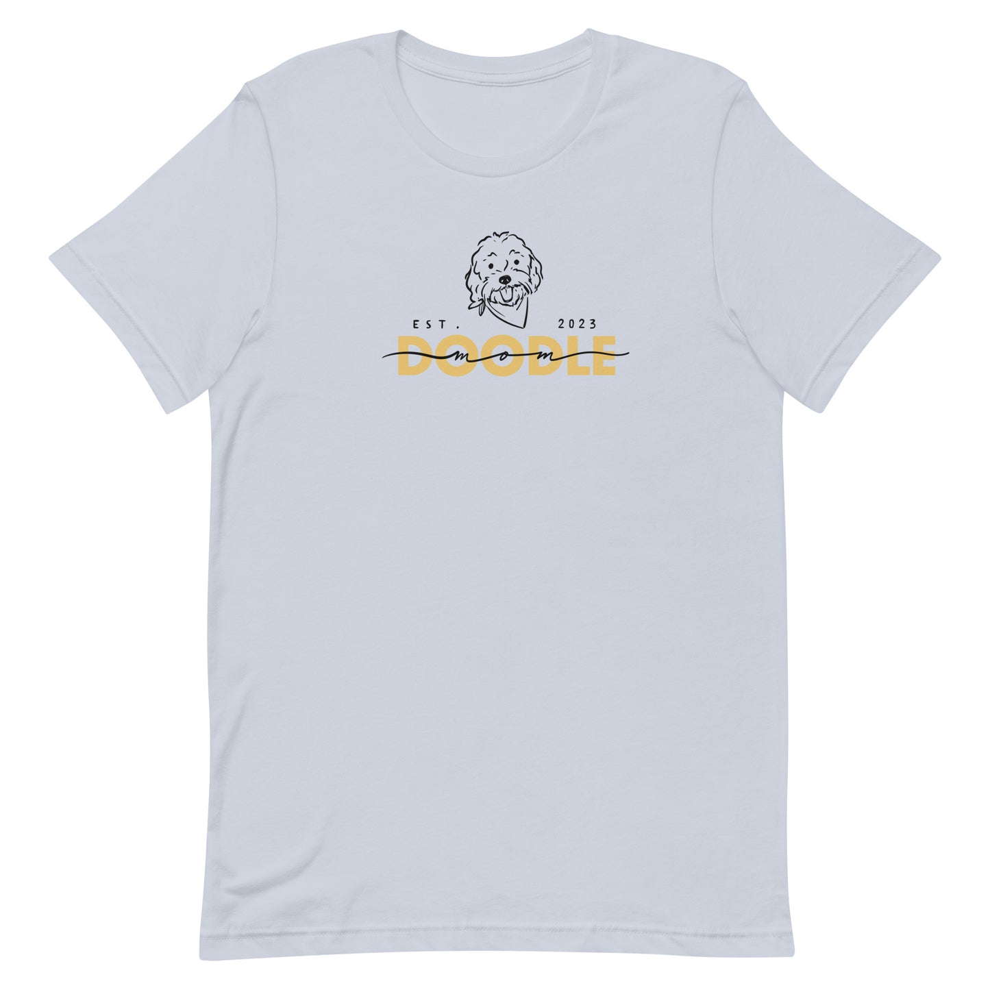 Goldendoodle Mom t-shirt with Goldendoodle face and words "Doodle Mom Est 2023" in light blue color