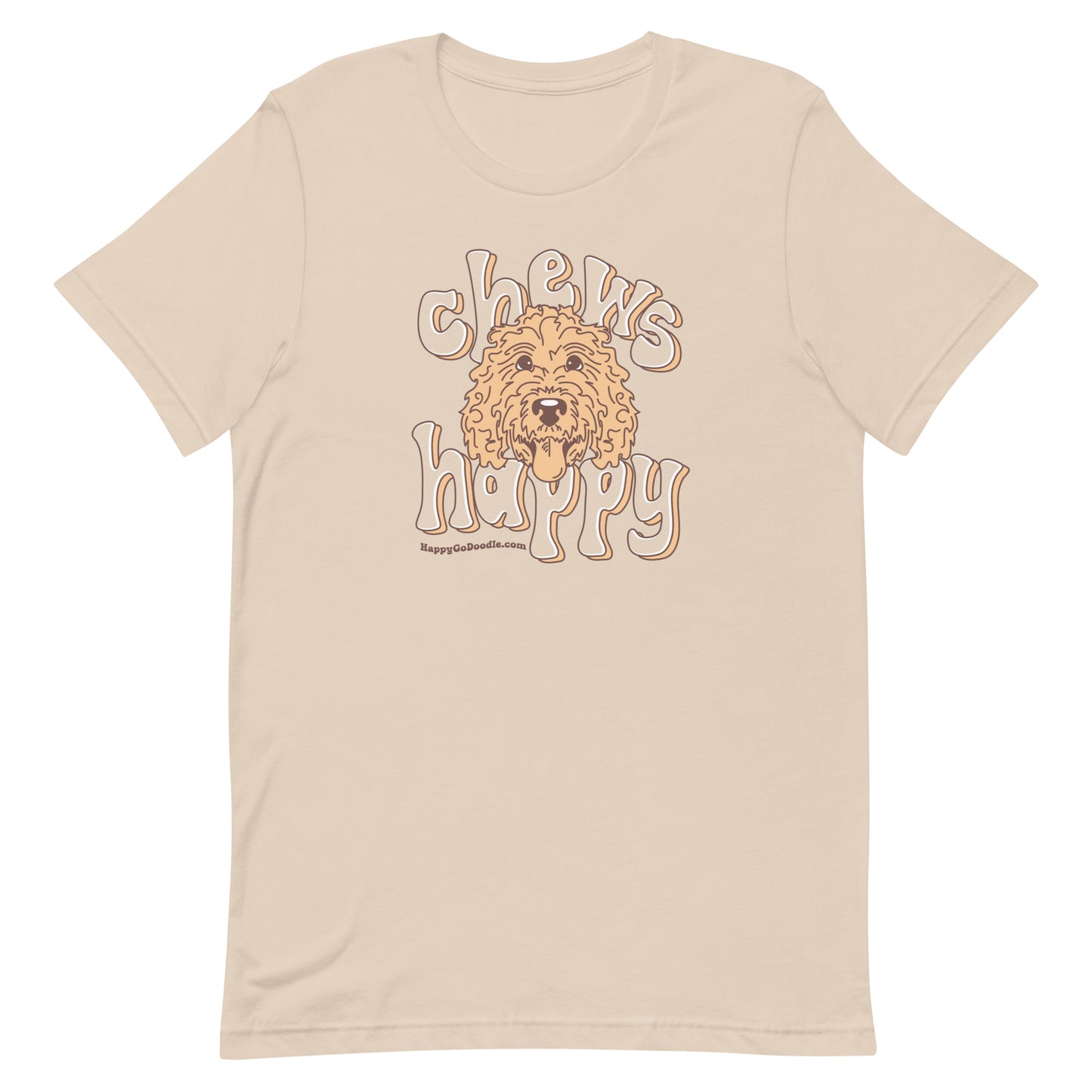 Goldendoodle crew neck sweatshirt with Goldendoodle face and words "Chews Happy" in soft cream color