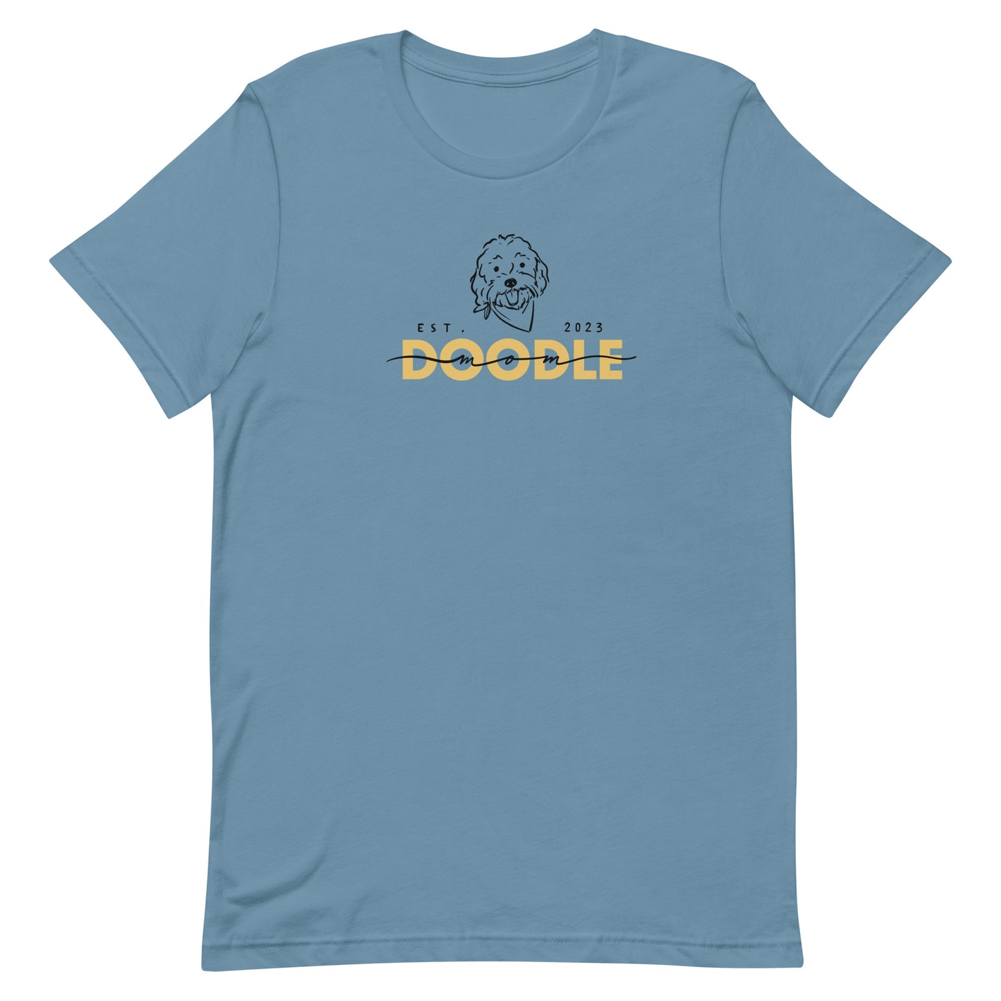 Goldendoodle Mom t-shirt with Goldendoodle face and words "Doodle Mom Est 2023" in steel blue color
