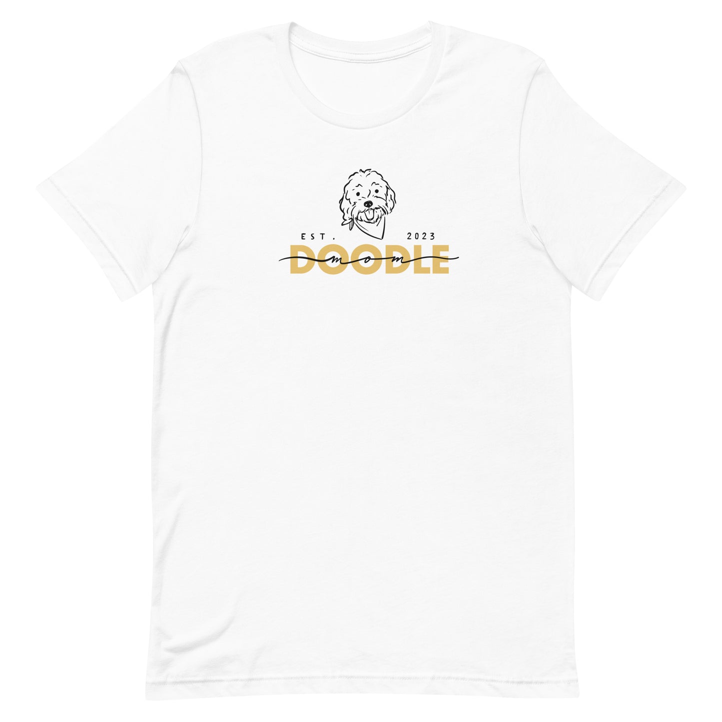 Goldendoodle Mom t-shirt with Goldendoodle face and words "Doodle Mom Est 2023" in white color