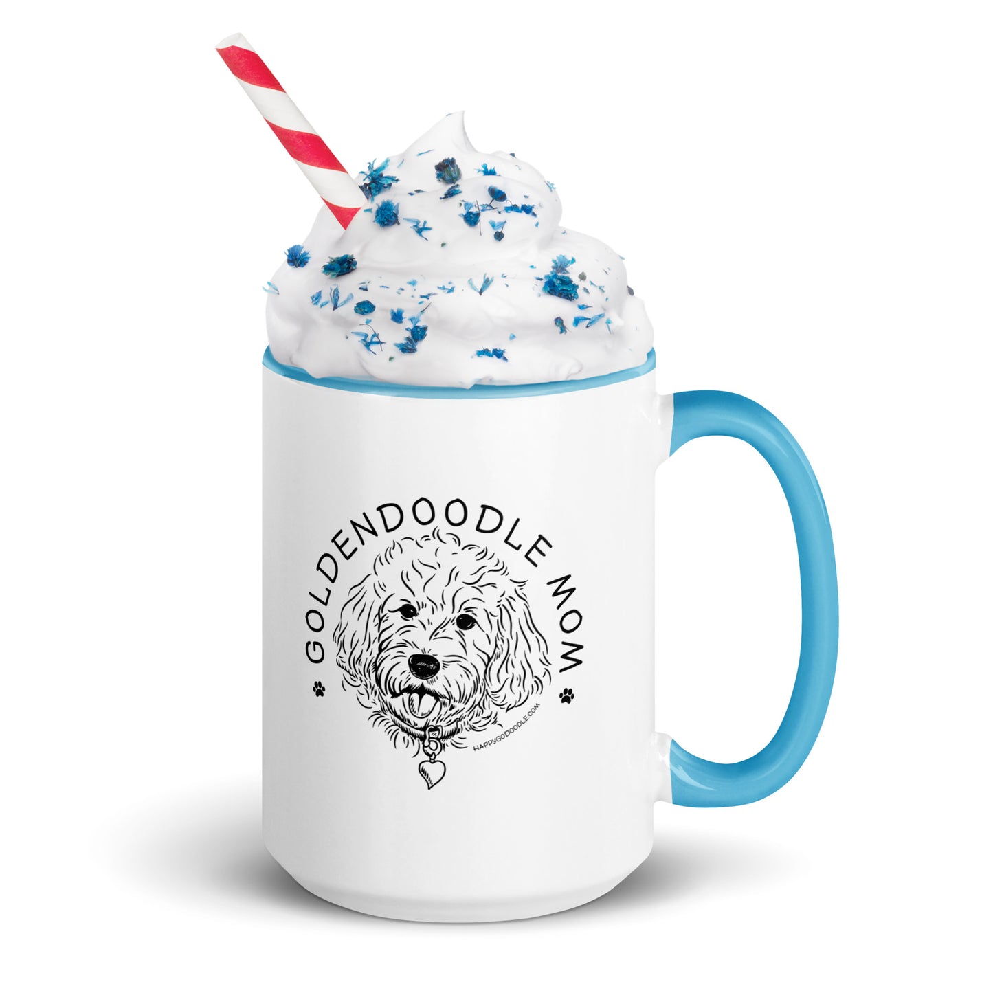 White ceramic coffee mug with blue handle and goldendoodle face and words goldendoodle mom