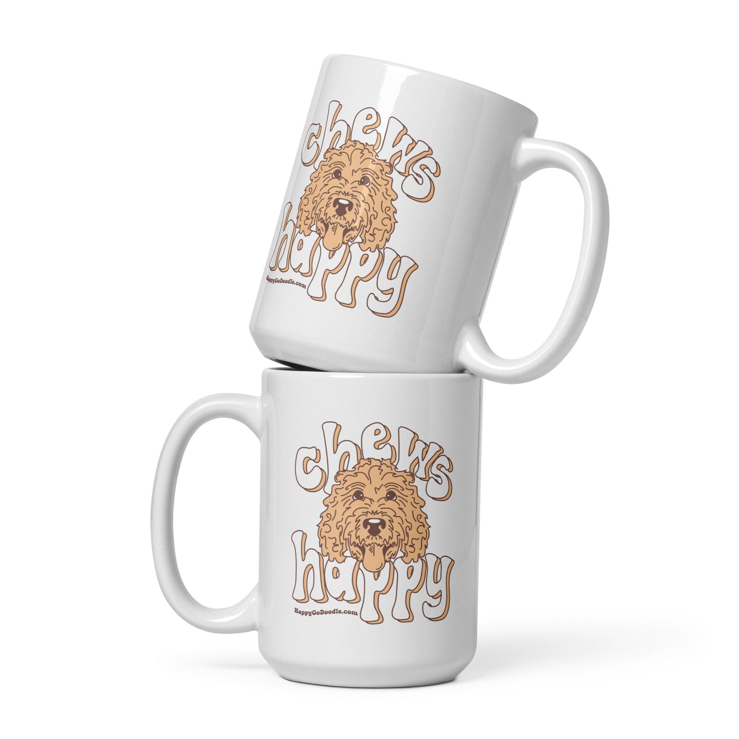 White ceramic coffee mug with Goldendoodle dogs face and words Chews Happy