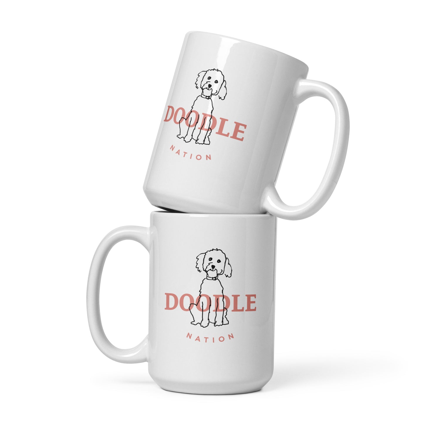White ceramic coffee mug with cute doodle dog design and words Doodle Nation