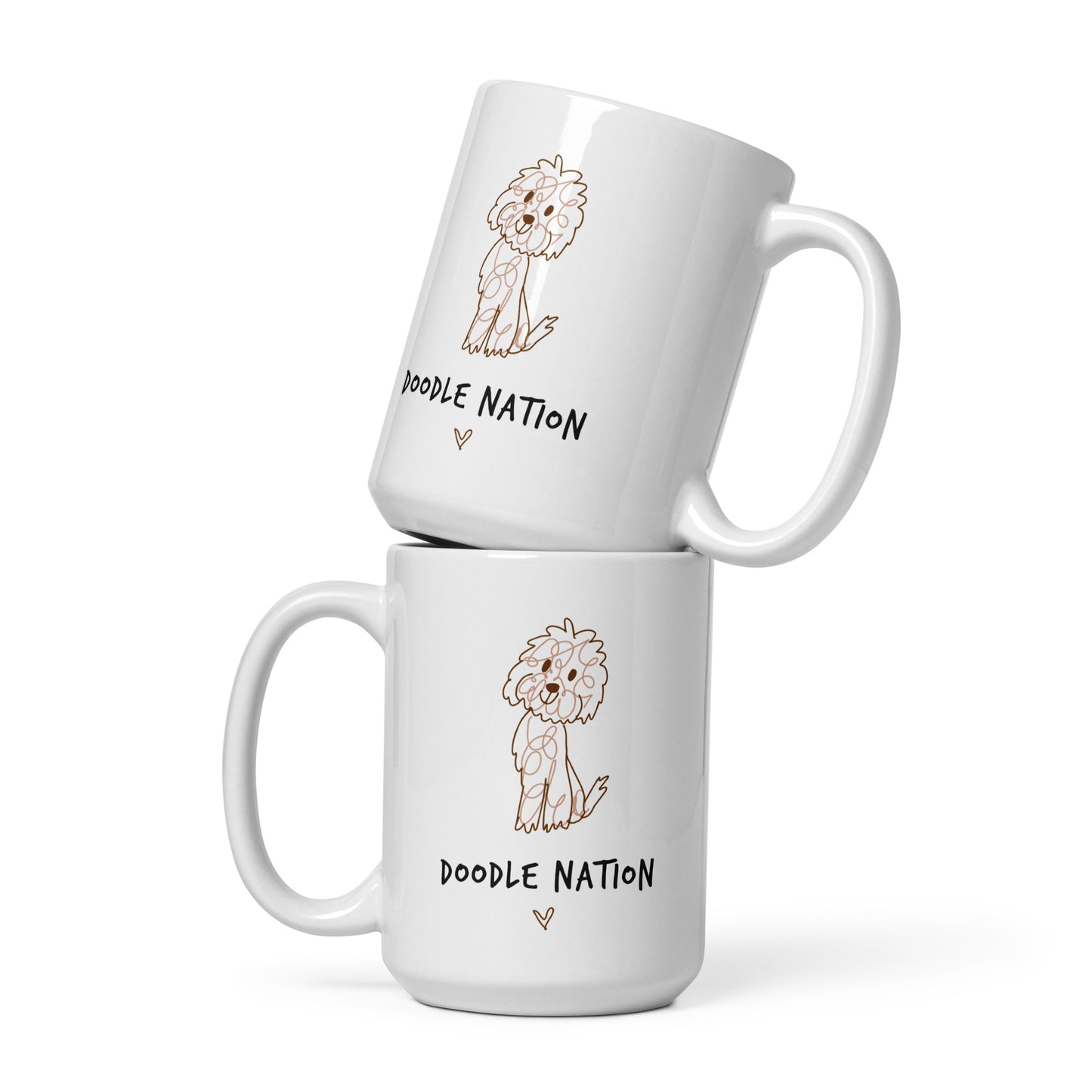 White ceramic coffee mug with cute doodle dog design and words Doodle Nation