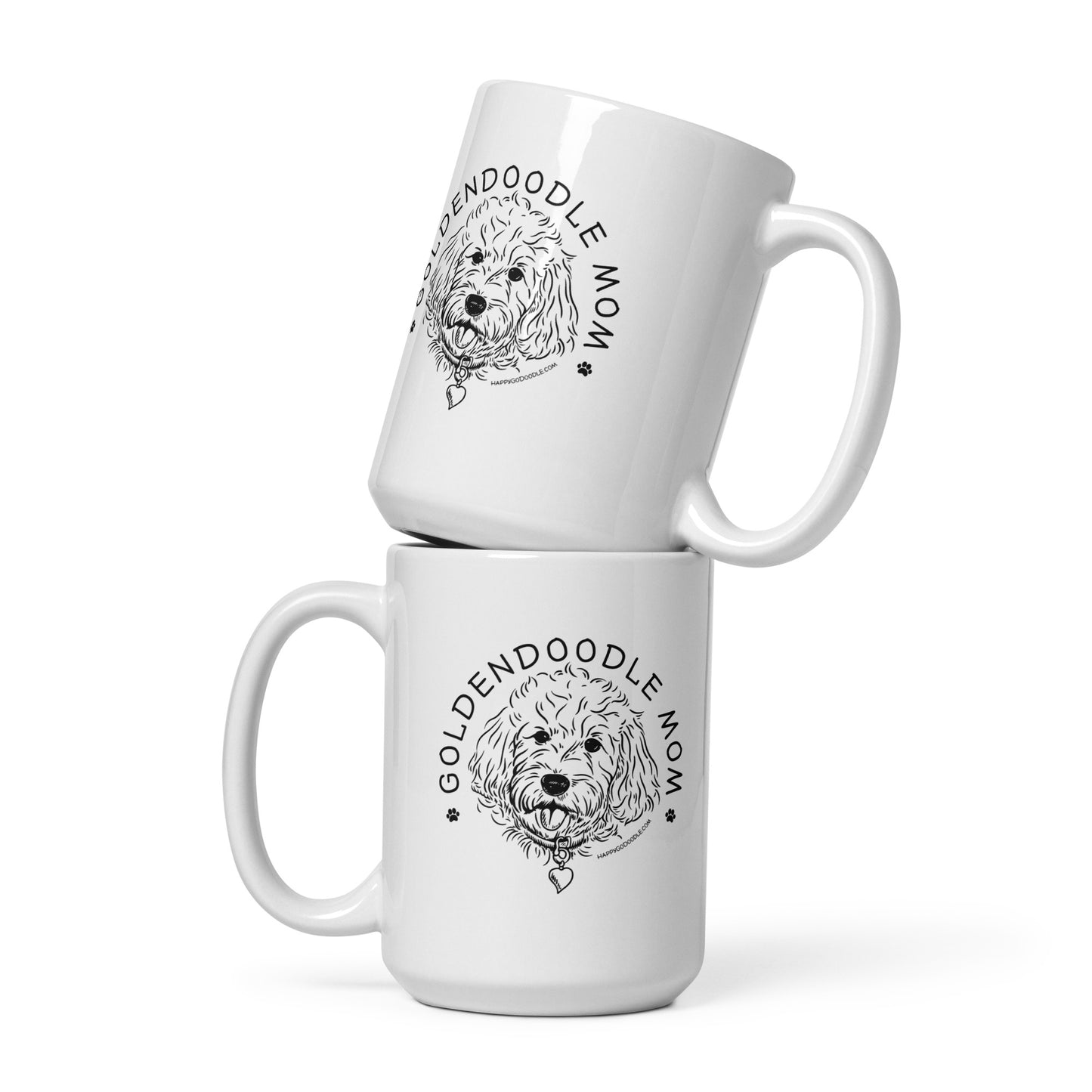 White ceramic coffee mug with a goldendoodle face and words goldendoodle mom