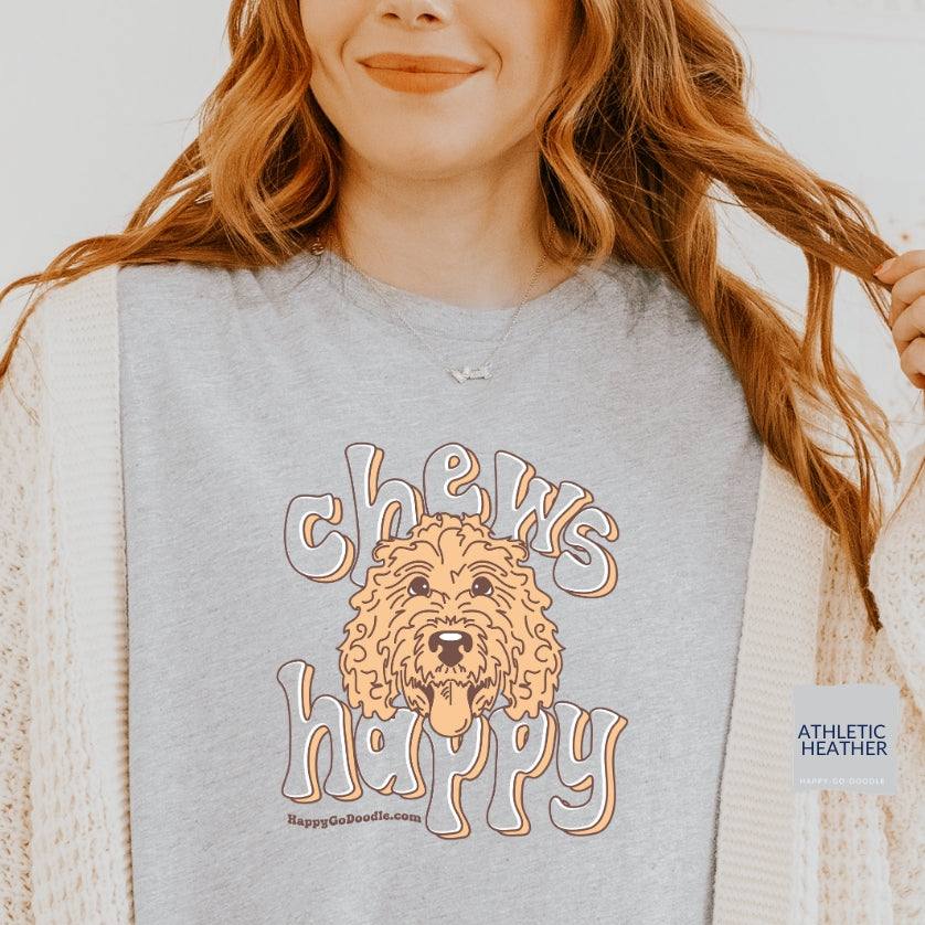 Goldendoodle crew neck sweatshirt with Goldendoodle face and words "Chews Happy" in athletic heather color