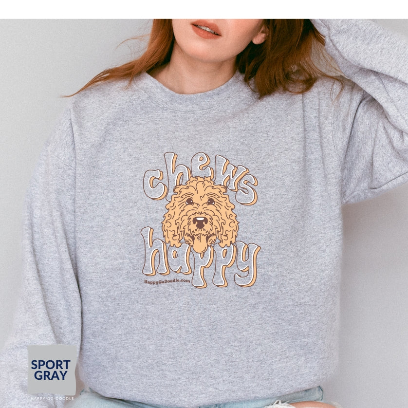 Goldendoodle crew neck sweatshirt with Goldendoodle face and words "Chews Happy" in sport gray color