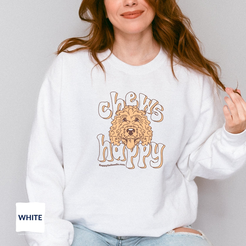 Goldendoodle crew neck sweatshirt with Goldendoodle face and words "Chews Happy" in white color