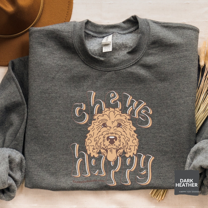 Goldendoodle crew neck sweatshirt with Goldendoodle face and words "Chews Happy" in dark heather color