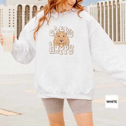 Goldendoodle hoodie with Goldendoodle face and words "Chews Happy" in white color