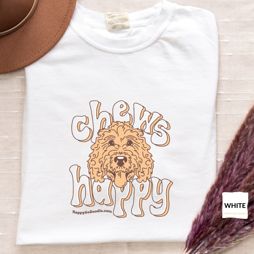 Goldendoodle comfort colors t-shirt with Goldendoodle face and words "Chews Happy" in white color