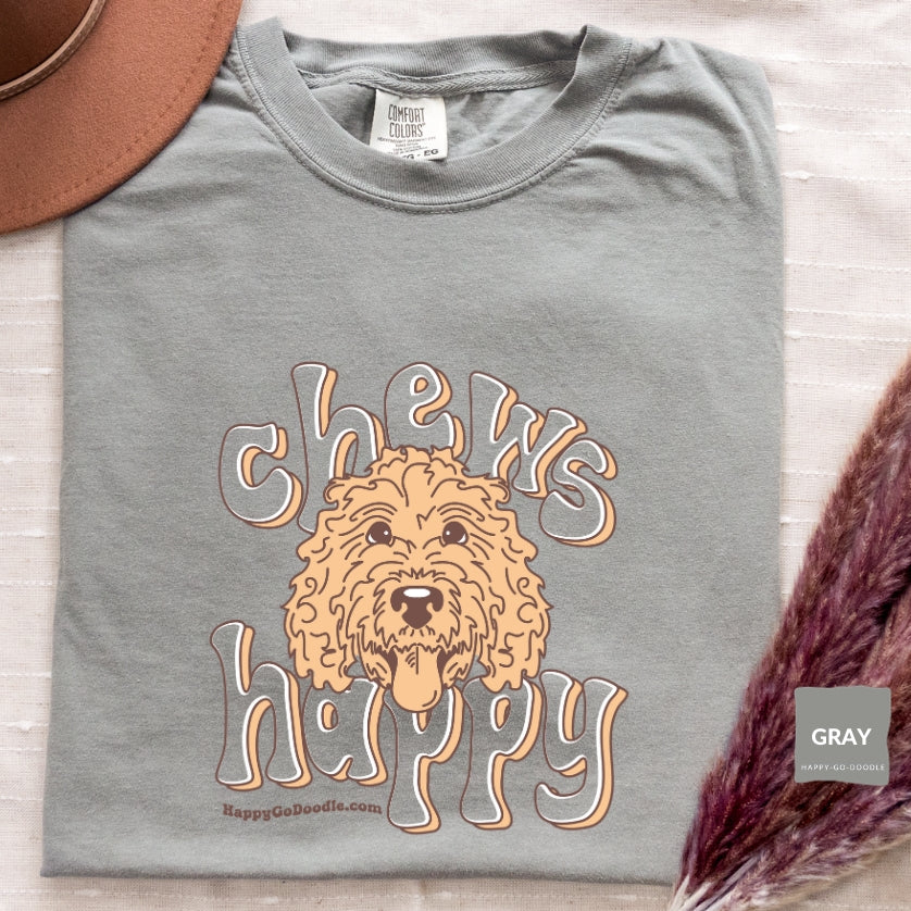 Goldendoodle comfort colors t-shirt with Goldendoodle face and words "Chews Happy" in gray color