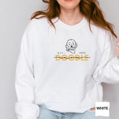 Goldendoodle Mom crew neck sweatshirt with Goldendoodle face and words "Doodle Mom Est 2023" in white  color