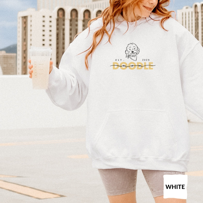 Goldendoodle Mom Hoodie with Goldendoodle face and words "Doodle Mom Est 2023" in Sport white color
