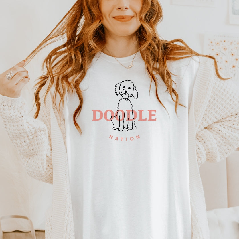 Goldendoodle t-shirt with Goldendoodle and words "Doodle Nation" in white color