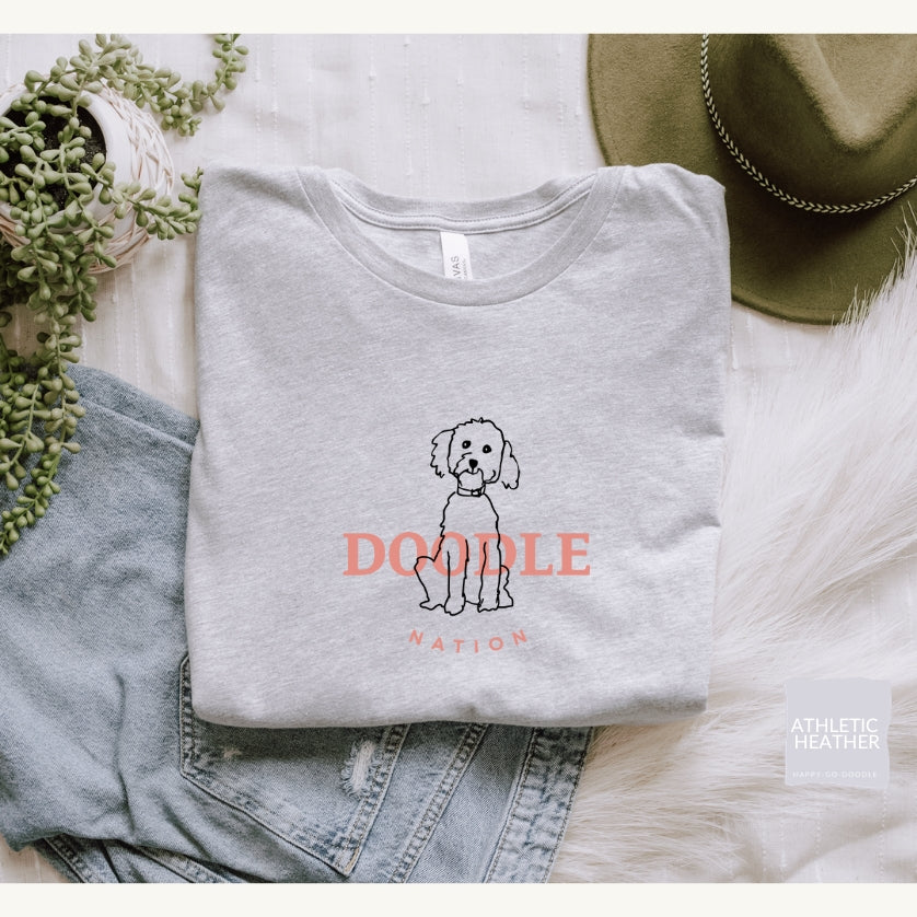 Goldendoodle t-shirt with Goldendoodle and words "Doodle Nation" in athletic heather color