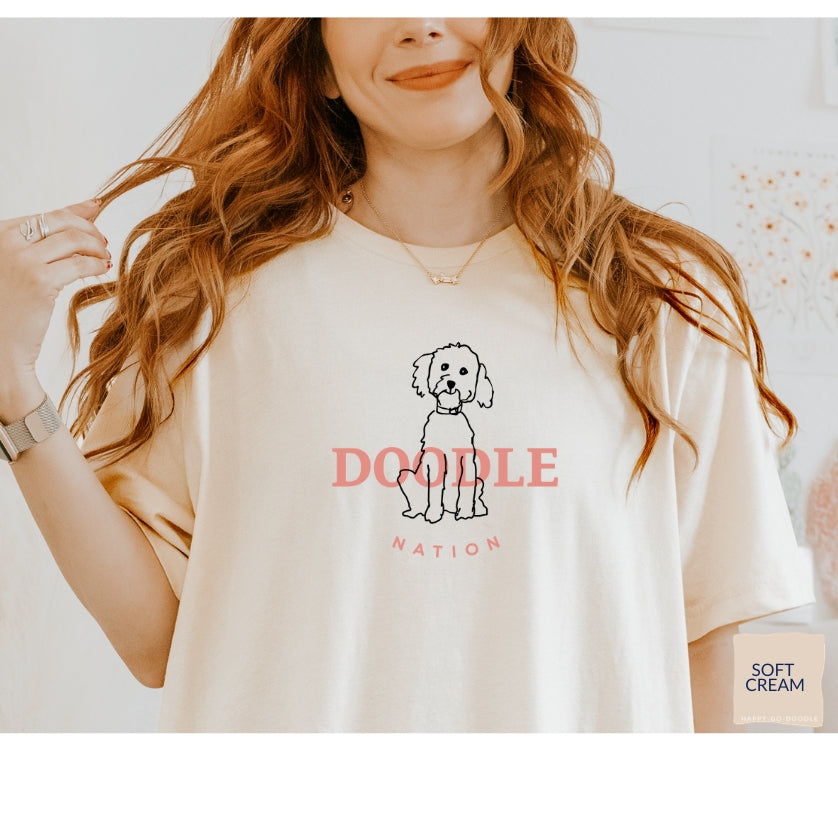 Goldendoodle t-shirt with Goldendoodle and words "Doodle Nation" in soft cream color
