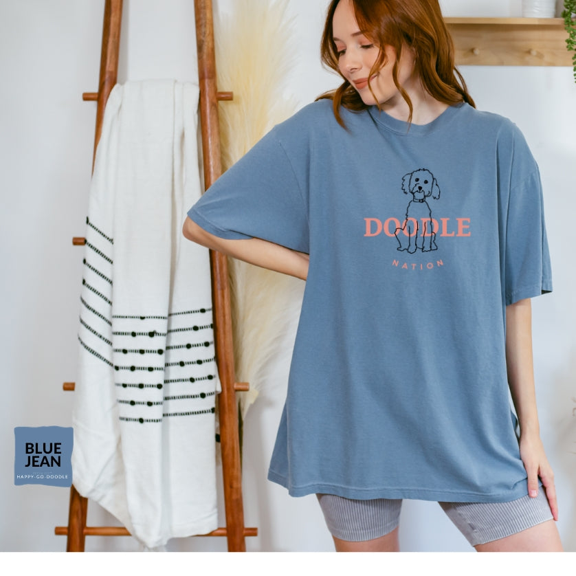 Goldendoodle comfort colors t-shirt with Goldendoodle and words "Doodle Nation" in blue jean color