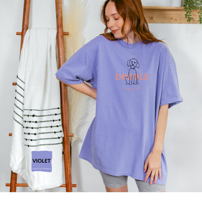 Goldendoodle comfort colors t-shirt with Goldendoodle and words "Doodle Nation" in violet color